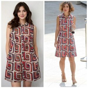 Boden Shirt Dress Red Geometric A Line Sleeveless Abstract Button Down Sz 16